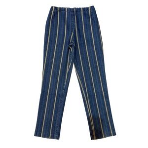 Handmade Boho Striped Blue and Tan Pants Size XS S Stretch Denim Artisan